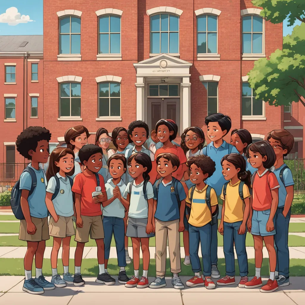 a group of children standing in front of a building with a building in the background and a cartoon of a group of children standing in front of them, vancouver school, a storybook illustration, Chris LaBrooy, storybook illustration