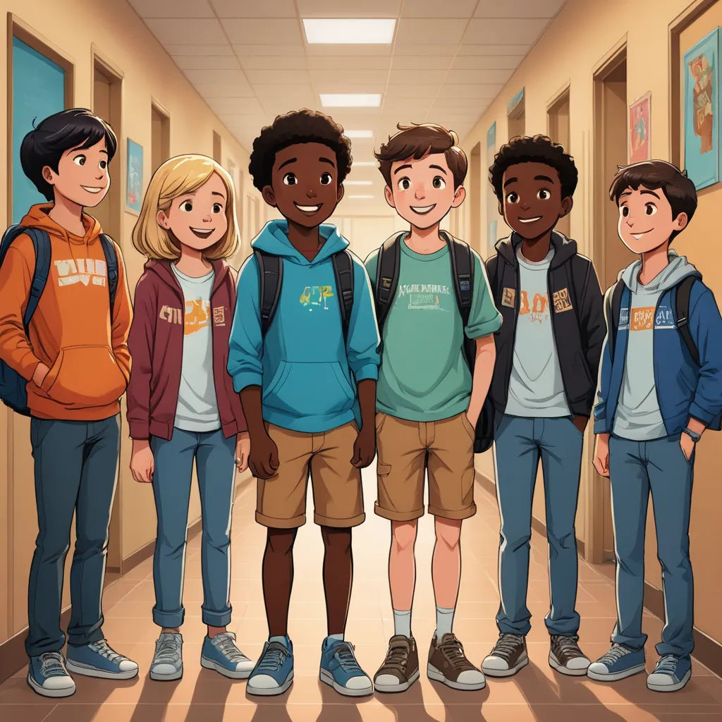 a group of young people standing in a hallway together in front of a hallway with a hallway leading to the hallway, sots art, concept art, disney, official art