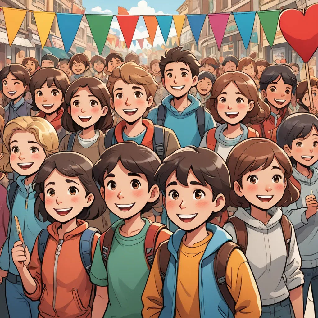 a group of people standing in front of a crowd of people with flags and buntings above them, paris school, a storybook illustration, Diego Gisbert Llorens, official art