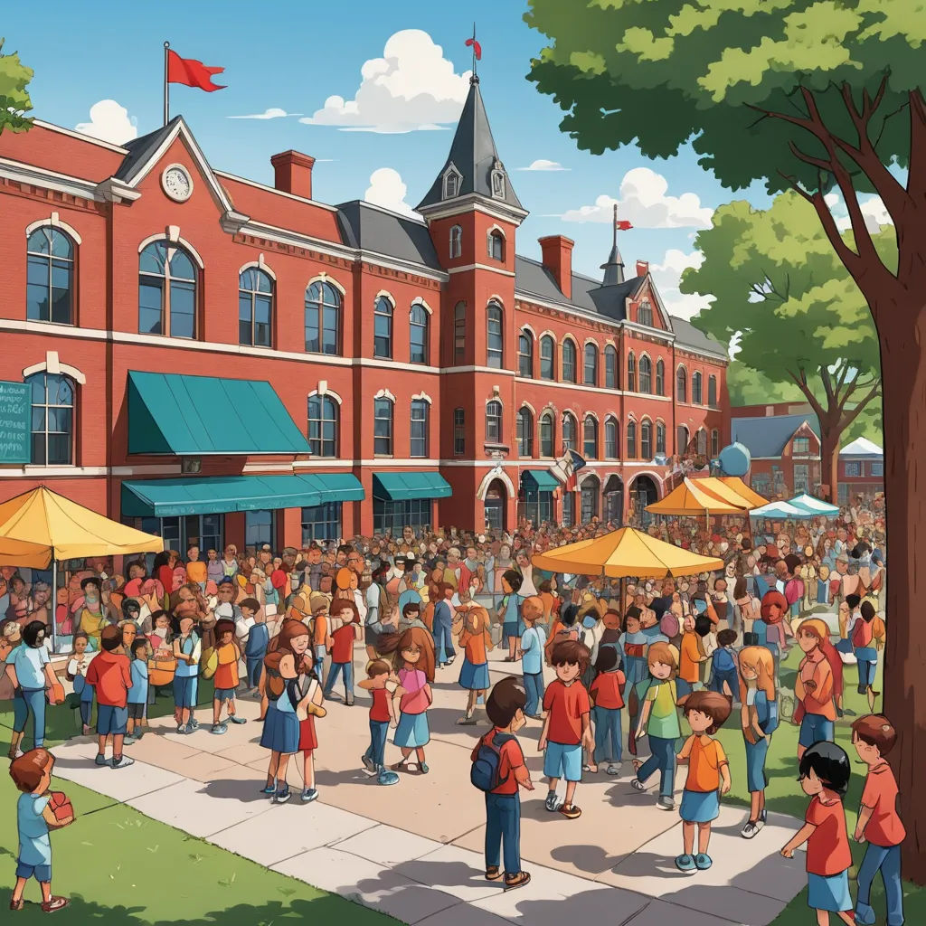 a crowd of people standing around a building with a flag on top of it and a flag pole in the middle, paris school, a storybook illustration, Chris LaBrooy, behance hd