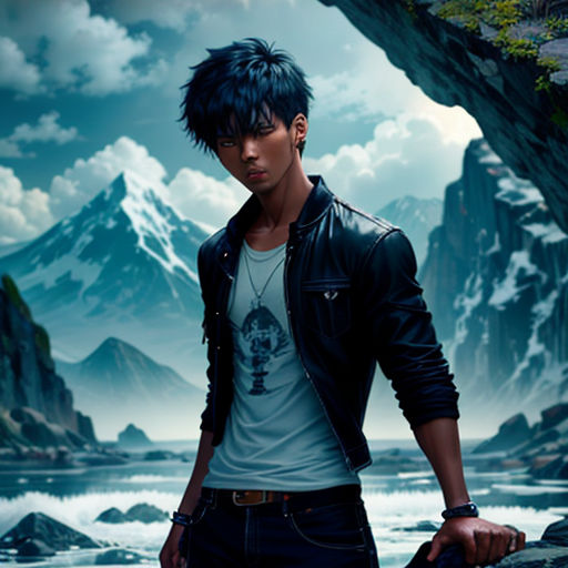 a man with a black hair and a white shirt is standing in front of a mountain and a lake