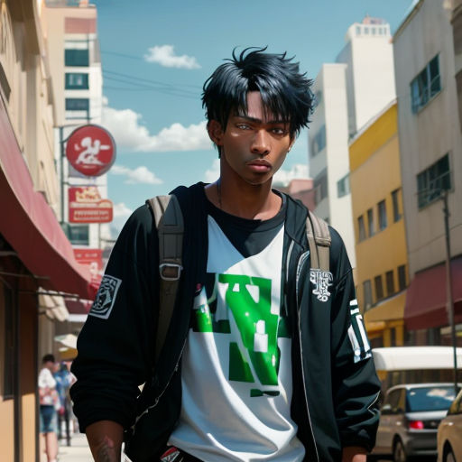 a man with a backpack on walking down a street in a city with buildings and cars in the background