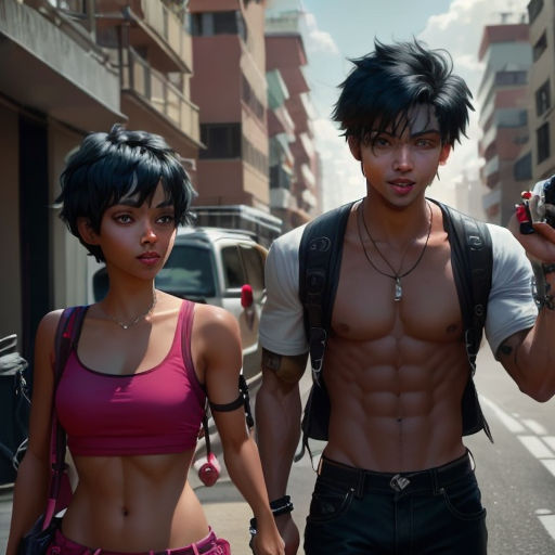 a man and a woman walking down a street holding cell phones in their hands and looking at the camera