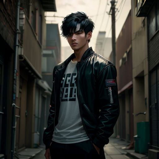 a man with black hair and a leather jacket standing in an alleyway with a building in the background