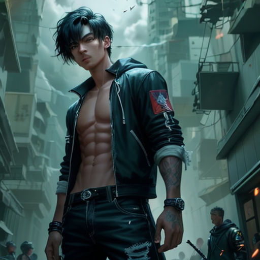 a man with a shirtless torso and no shirt standing in a city street with other men in the background