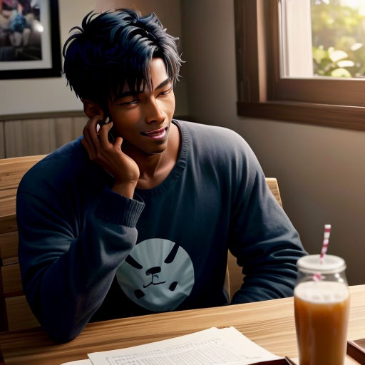 a man sitting at a table talking on a cell phone and drinking a beverage in a glass cup next to him