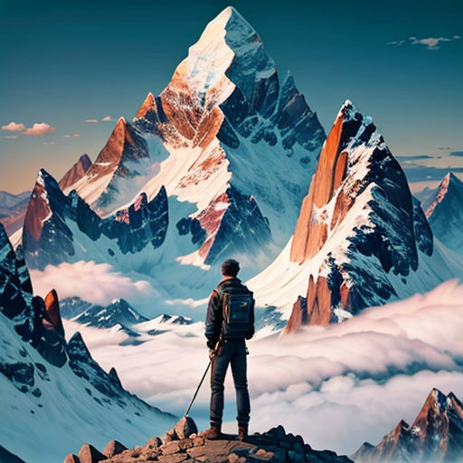 a man standing on top of a mountain with a backpack on his back and a mountain range in the background
