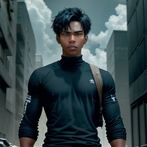a man in a black shirt and jeans walking down a street with a backpack on his shoulder and a city in the background