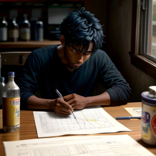 a man sitting at a table with a pen and paper in front of him and a bottle of ketchup