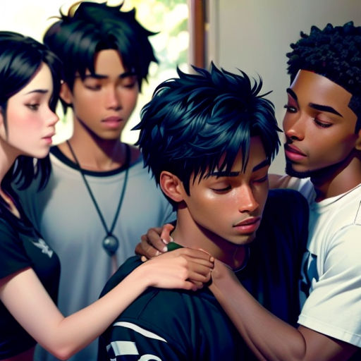 a group of young people standing next to each other in a room with a window behind them and one man holding the other