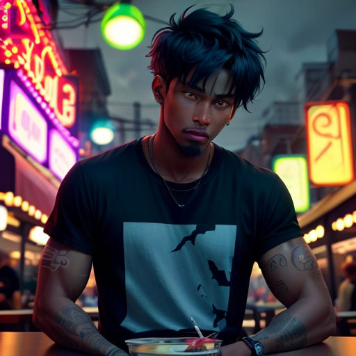 a man sitting at a table with a bowl of food in front of him and neon signs in the background