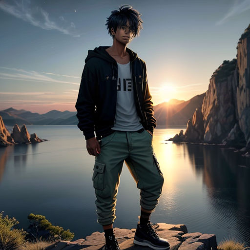 a man standing on a rock near a body of water at sunset with a hoodie on and a pair of black shoes