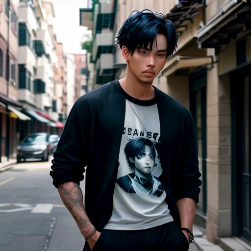 a man with black hair and a white shirt is standing on a street corner with a black jacket on