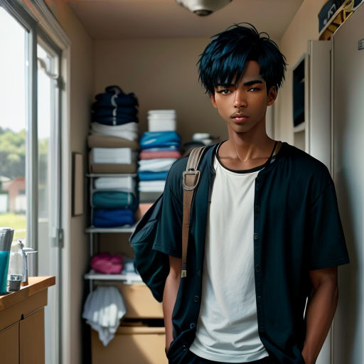 a man standing in a room with a backpack on his shoulder and a lot of folded clothes on the shelves