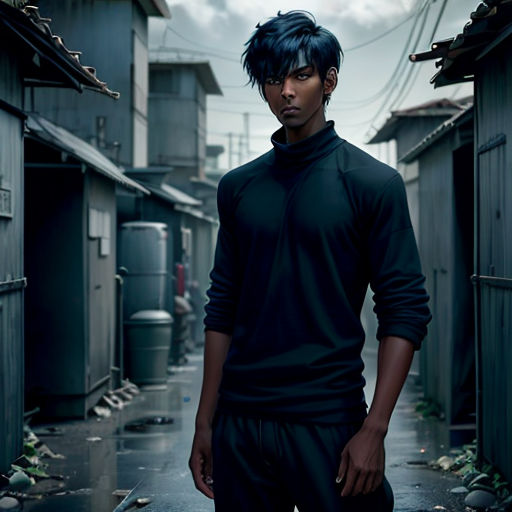 a man standing in a alley with a black shirt on and a black haircut on his head and a black shirt on his body