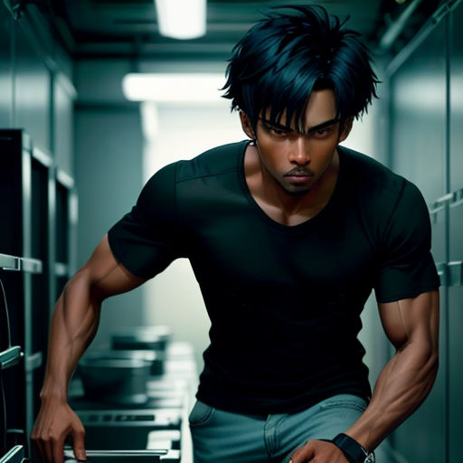 a man is leaning on a shelf in a room with many shelves of appliances and a clock on the wall