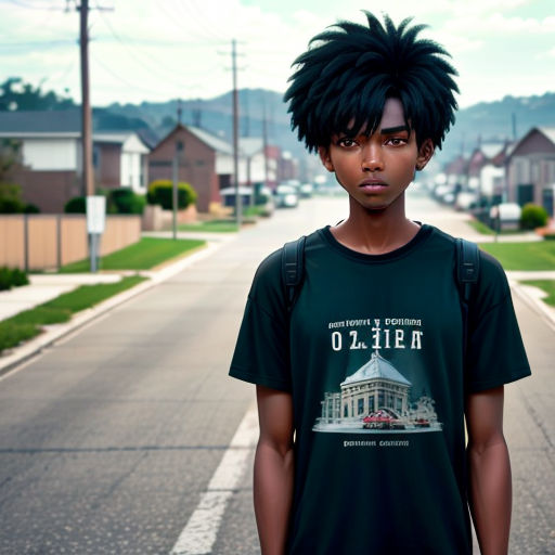 a young man with a black mohawk standing on a street corner in front of a row of houses with a white building