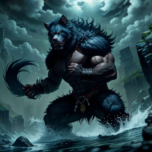 a man with a wolf like body and a demon like face is in the water with a large black furry animal