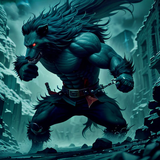 a demonic creature with a sword in his hand and a demon on his shoulder, in a dark city