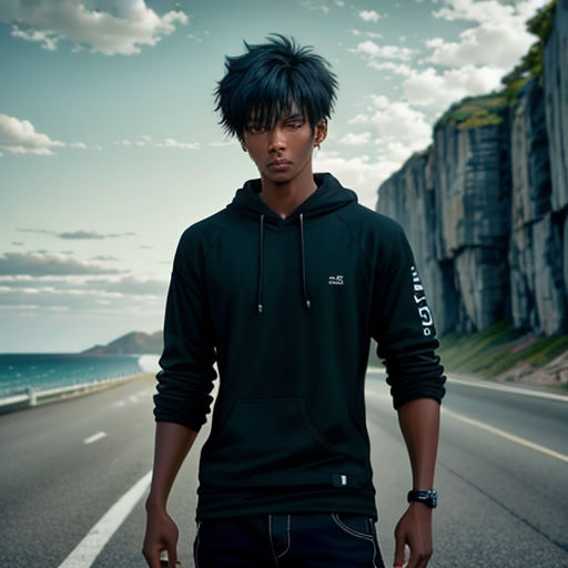 a man with black hair standing on the side of a road near the ocean with a rock wall in the background