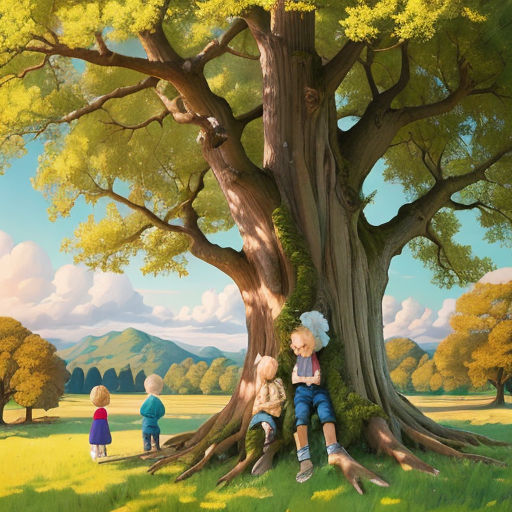 A wise old oak tree with a gentle kindly face, detailed award winning  children's book illustration : r/dalle2