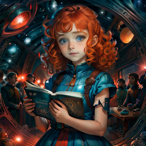 a painting of a girl reading a book in a room full of people and a clock tower in the background