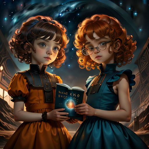 two young girls are standing in front of a mirror and looking at a book together, with a glowing light shining on the background