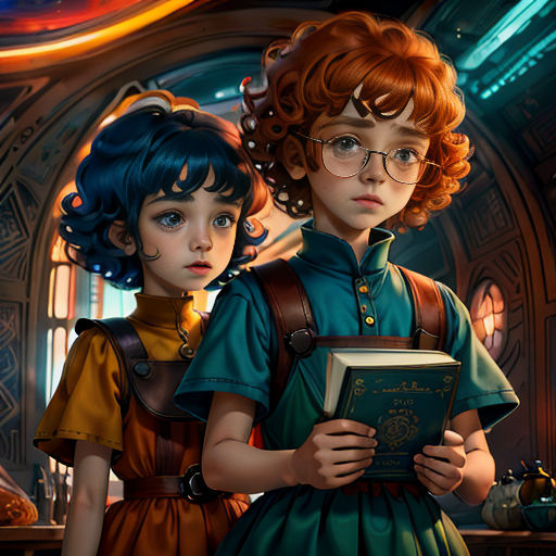 a painting of two children reading a book together in a room with a clock on the wall and a stained glass window