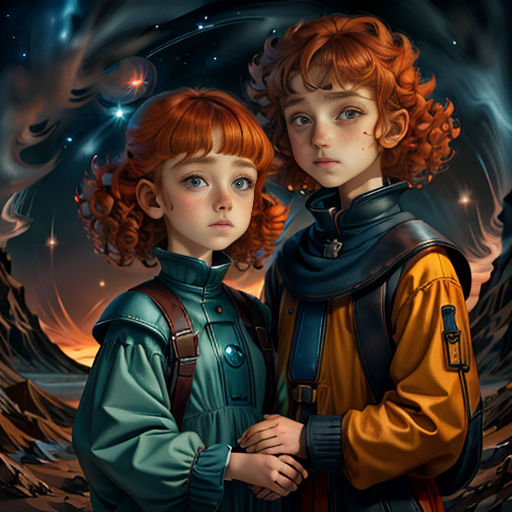 a painting of two children standing next to each other in front of a dark background with stars and a moon