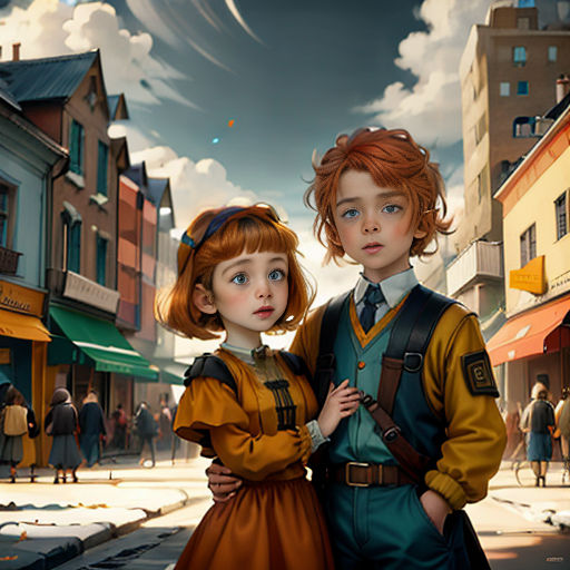 a painting of two children standing on a street corner in a town with a sky background and clouds in the sky