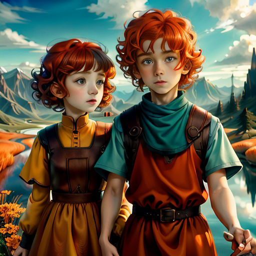 two children standing next to each other in front of a painting of a mountain lake and a forest with orange flowers