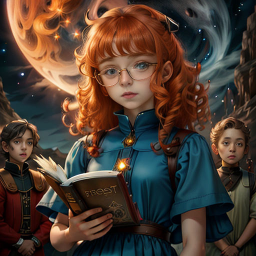 a girl with red hair and glasses is reading a book in front of a group of other children in a dark background