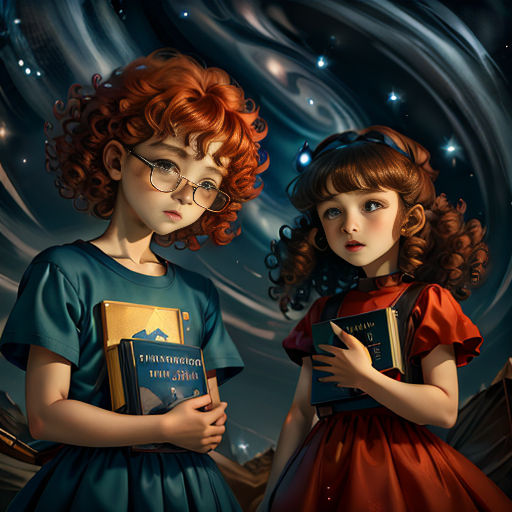 two children with red hair are holding books in their hands and looking at the sky with stars in the background