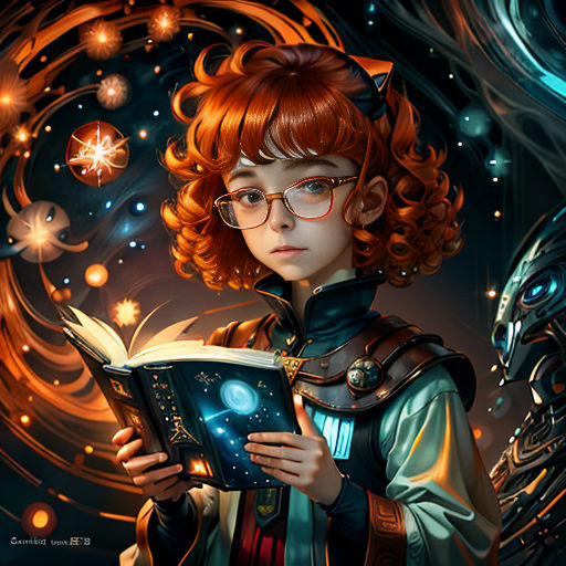 a girl with red hair and glasses is reading a book in front of a space background with stars and a dragon