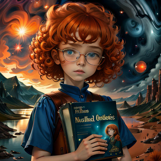 a painting of a young girl holding a book in her hands and a sky background with stars and clouds