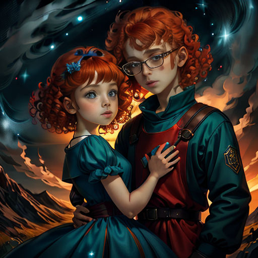 a painting of a boy and a girl in a dress standing next to each other in front of a sky with stars
