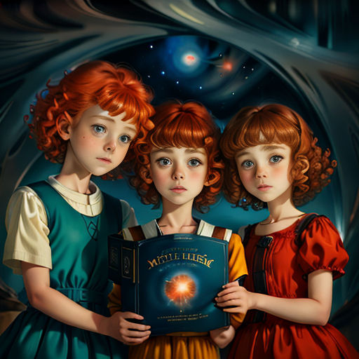 three children are standing together holding a book in their hands and looking at the camera with a bright light shining on them