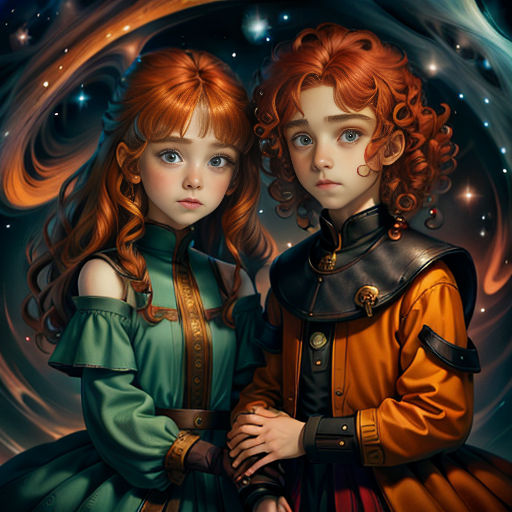 two children dressed in medieval clothing standing next to each other in front of a star filled sky with stars