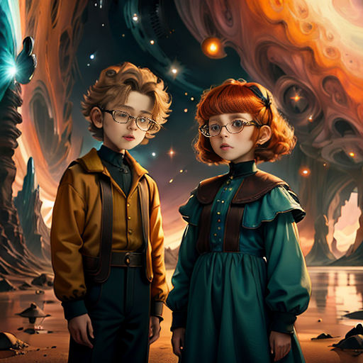 a painting of two people standing next to each other in front of a cave with a giant door and a giant light