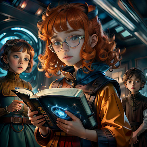 a painting of a girl reading a book with two other children in the background and a man in a space suit