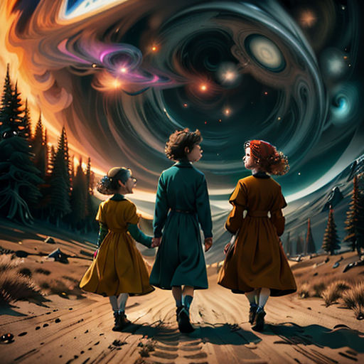 three children walking down a dirt road towards a star filled sky with a black hole in the middle of the picture
