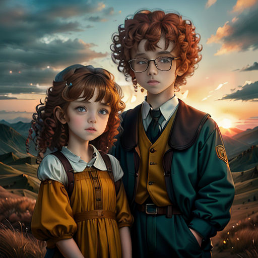 a painting of two children standing in a field at sunset with a sky background and clouds in the background