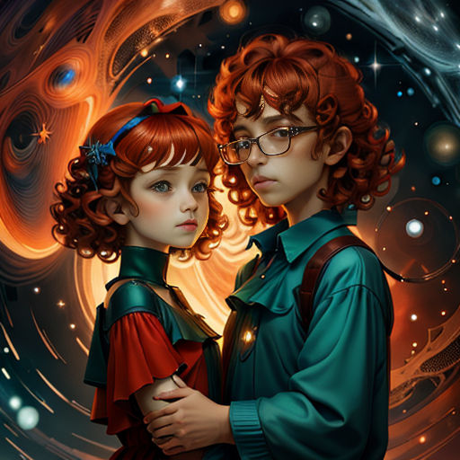 a painting of two people standing next to each other with a space background behind them and stars in the sky