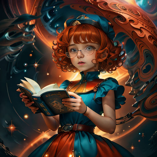 a girl in a dress and hat is reading a book with a strange background behind her and a strange light coming from her