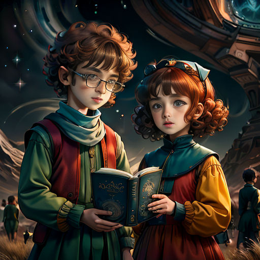 a painting of two children standing next to each other holding a book in their hands and looking at the camera