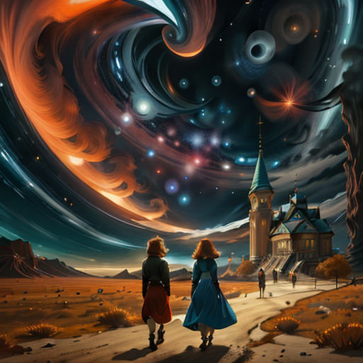 two people walking down a road towards a castle under a night sky with stars and swirls of light