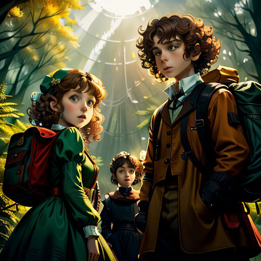a painting of a man and woman in a forest with a child in the foreground and a man in the background