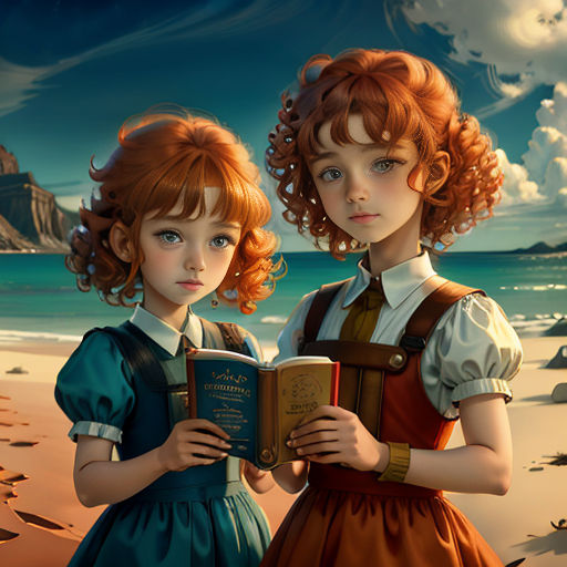 two young girls standing on a beach holding a book and looking at the camera with a mountain in the background