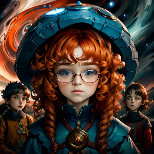 a painting of a girl with red hair and glasses in front of a space station scene with a red haired girl with glasses