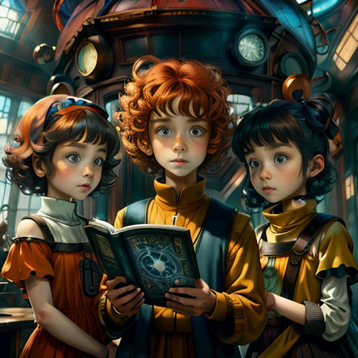 three children are standing in a room with a clock on the wall and a book in their hands,